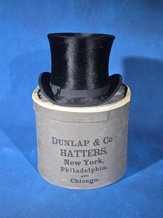 Antique Beaver Skin Top Hat, Retailed by Jacob Reed's Sons, Philadelphia, Pennsylvania, in Dunlap & Co. Hatters Hat Box