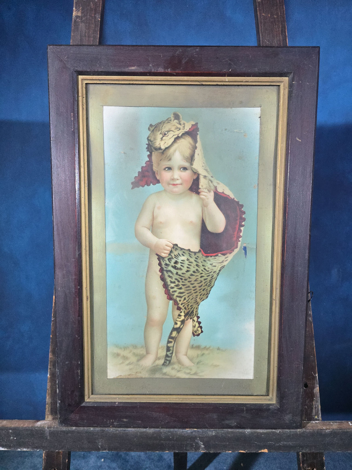 Antique Framed Chromolithograph Print, "Mother's Boy," Advertising Mother's Oats / Quaker Oats, Child with Leopard Skin
