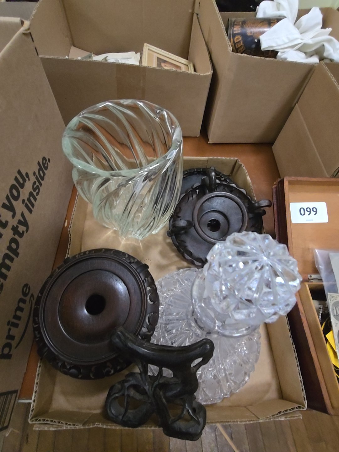 box lot of glass and stands