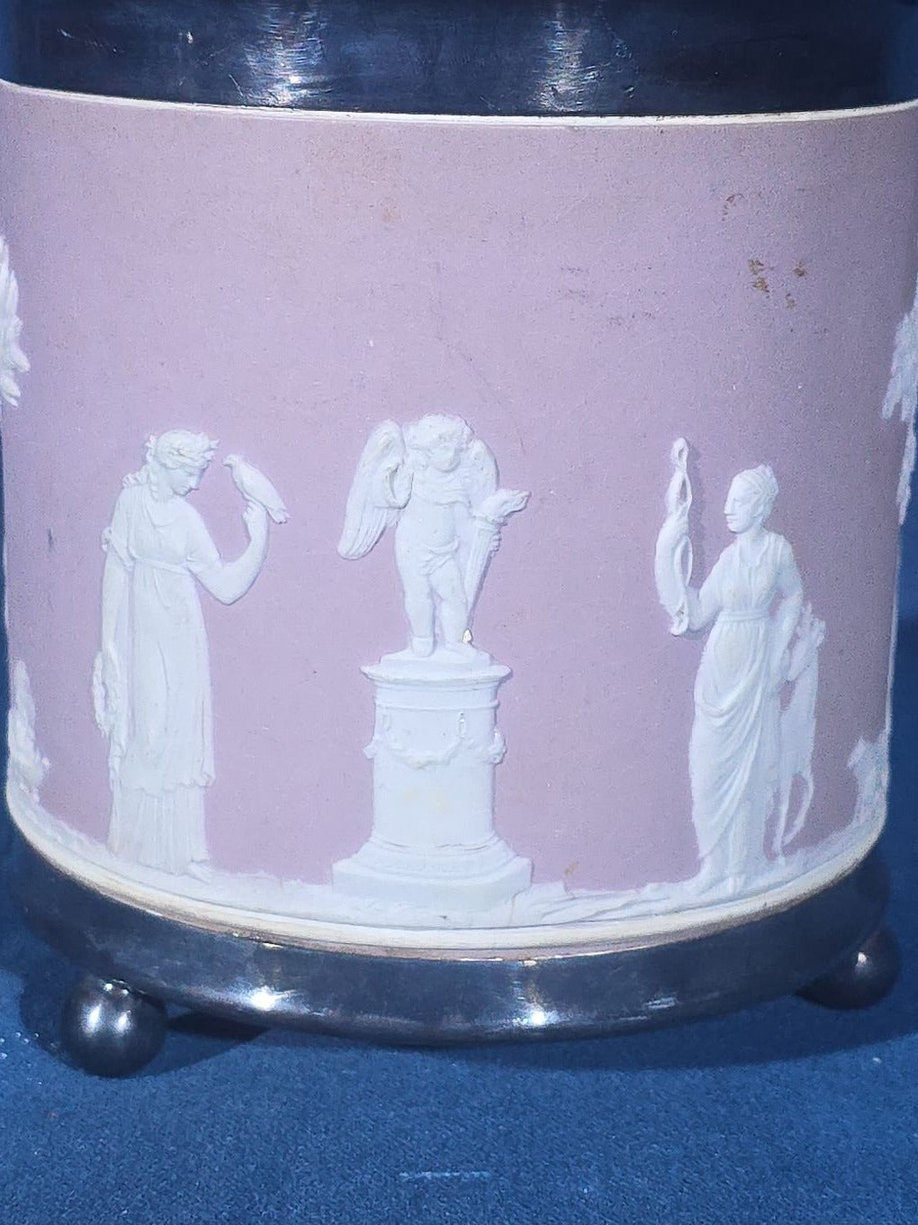 Antique Wedgwood Lilac Jasperware Biscuit Barrel with Silver-Plated Lid, Handle, and Base