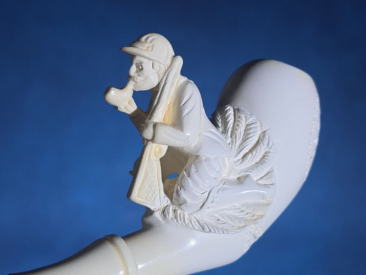 Vintage Carved Meerschaum Pipe with Figural Hunter Smoking a Pipe, in Fitted Case