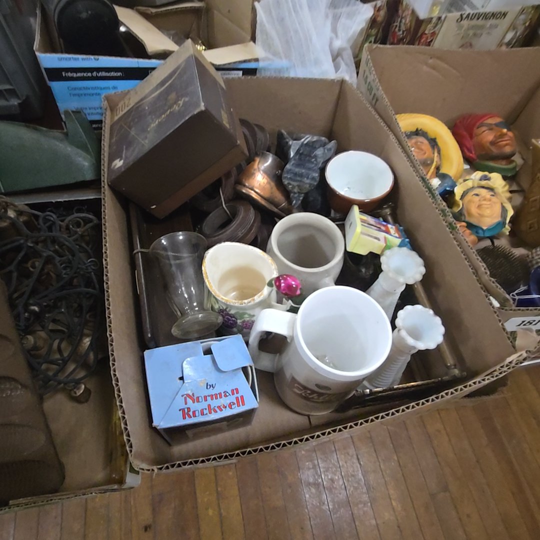 box lot of miscellaneous metals and glassware including book stand