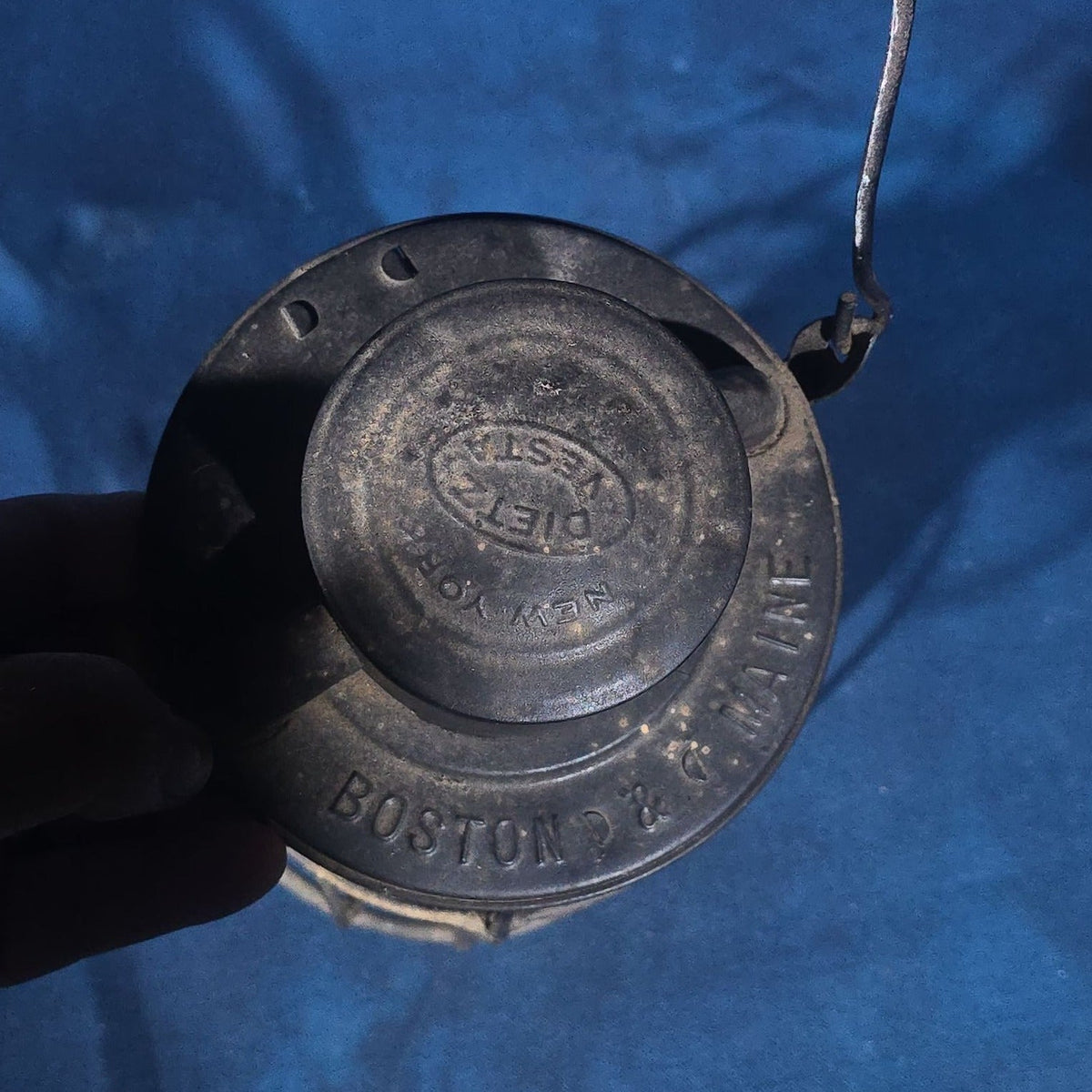 Antique Dietz Vesta Railroad Lantern, New York, U.S.A., Boston and Maine Railroad with Blue Globe