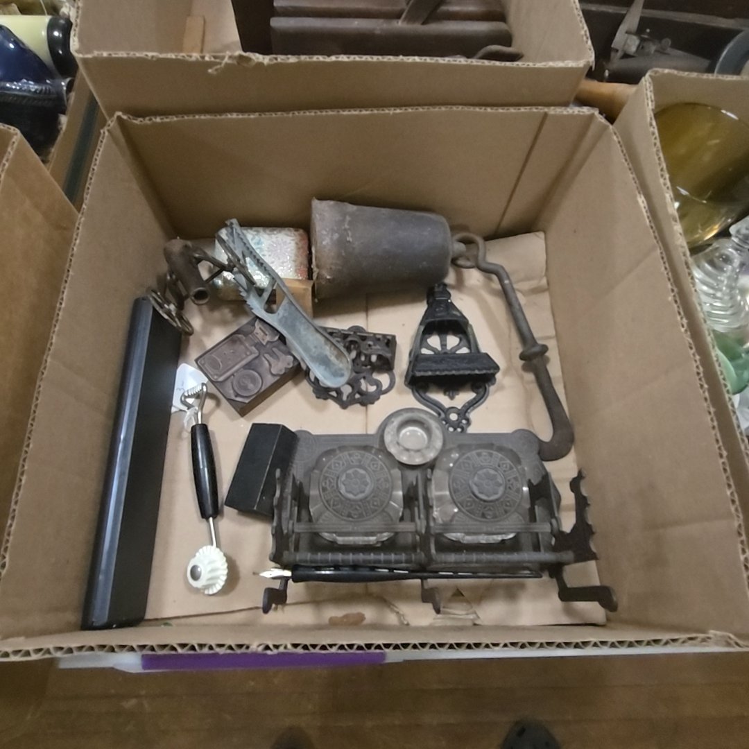 box lot with various metal items including Inkwell and match safes