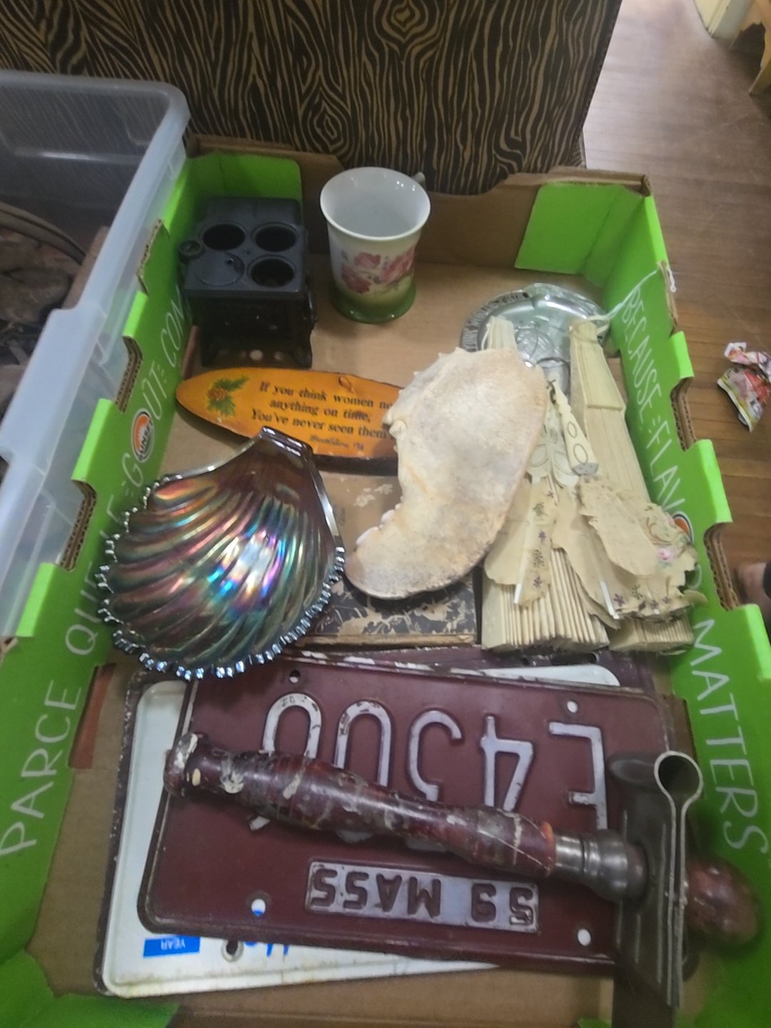 box lot with license plates Carnival Glass and fans