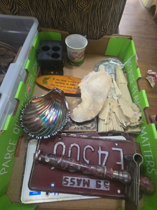 box lot with license plates Carnival Glass and fans