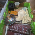 Lot 014 - Box Lot with License Plates Carnival Glass and Fans