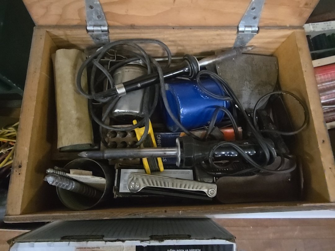 wooden Workshop box lot with soldering irons and more