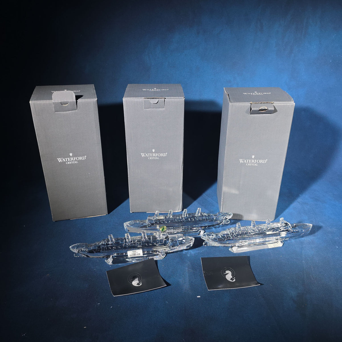 Trio of Vintage Waterford Crystal Lead Crystal Steamship Figures, Made in Ireland, with Original Boxes