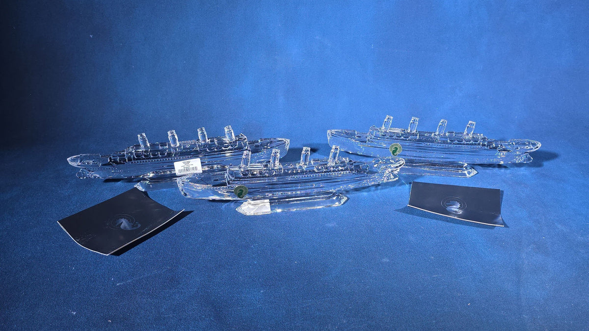 Trio of Vintage Waterford Crystal Lead Crystal Steamship Figures, Made in Ireland, with Original Boxes