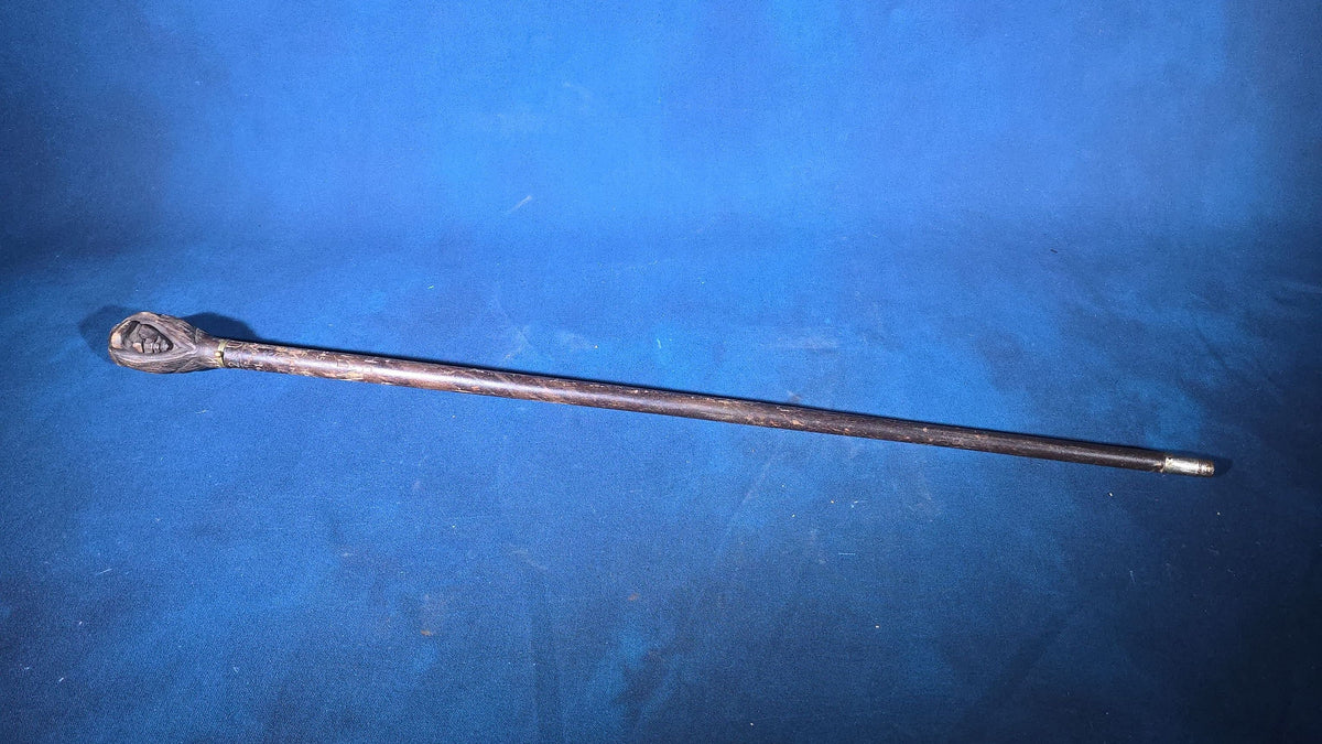 Antique Hand-Carved Walking Stick with Old Man of the Mountain Handle, Brass Collar, Named to Jack Dyer, Carved Signatures and Inscriptions, Dated 1925