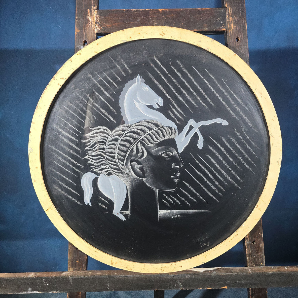 Vintage Round Painting on Board, Figure with Horses, Signed "Igor," Inscribed Verso 1971