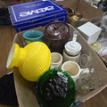 Lot 183 - Box Lot of Miscellaneous Ceramics and Glassware Including Yellow Lamp Shade
