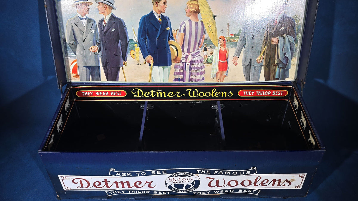 Vintage Detmer Woolens Advertising Store Display Sample Box with Beach Scene Lithograph, Model D 1H