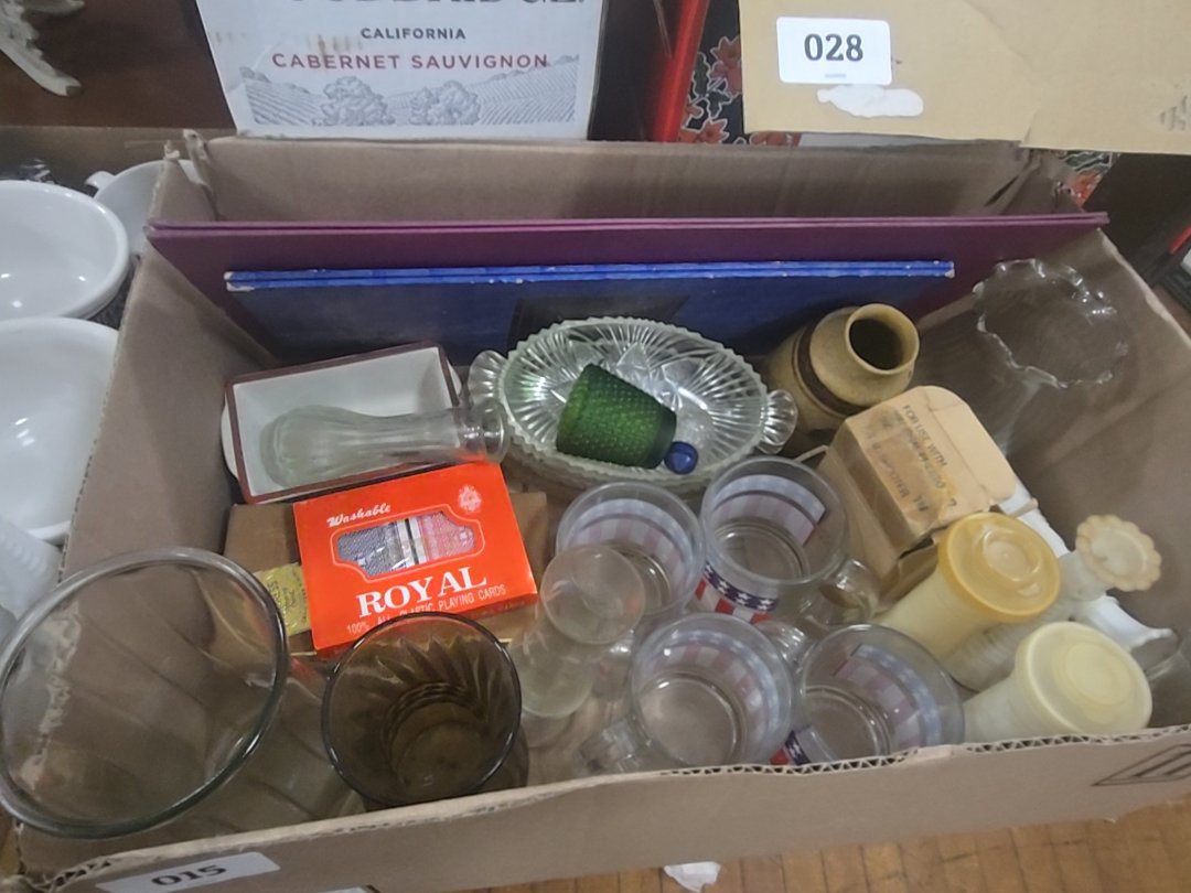 box lot with glassware and games