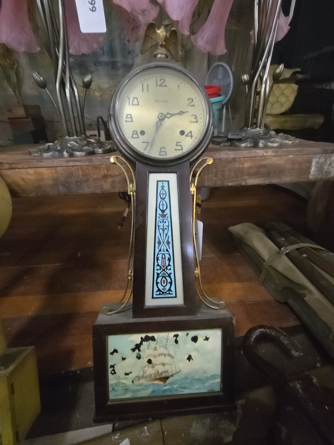vintage New Haven Clock Company wall clock with tall ship