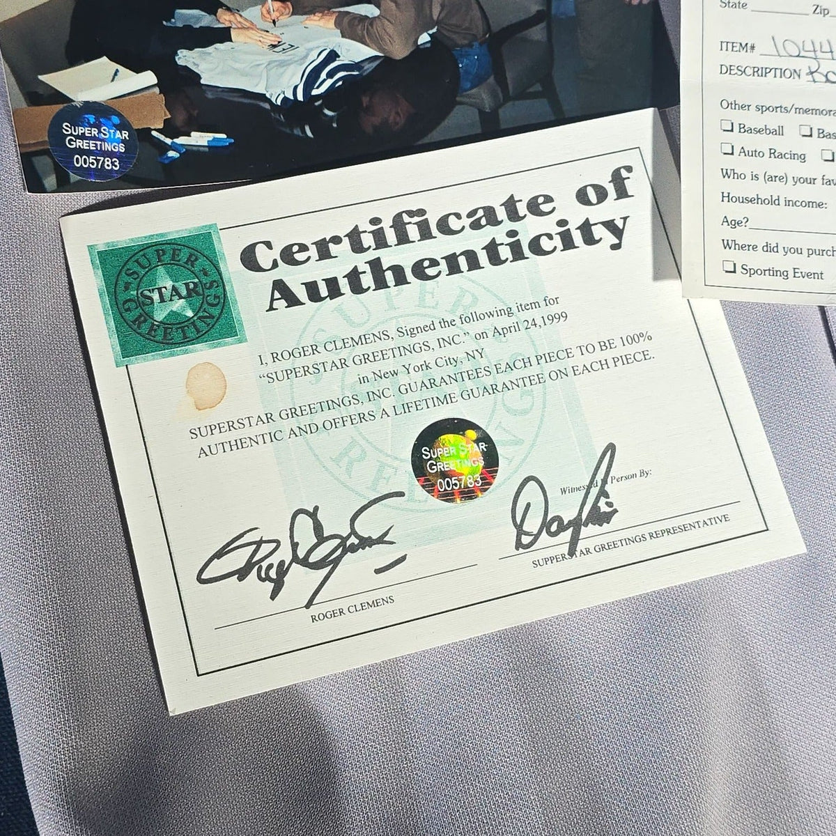 Vintage Roger Clemens Signed New York Yankees #12 Away Jersey with Upper Deck and Super Star Greetings Certificates of Authenticity