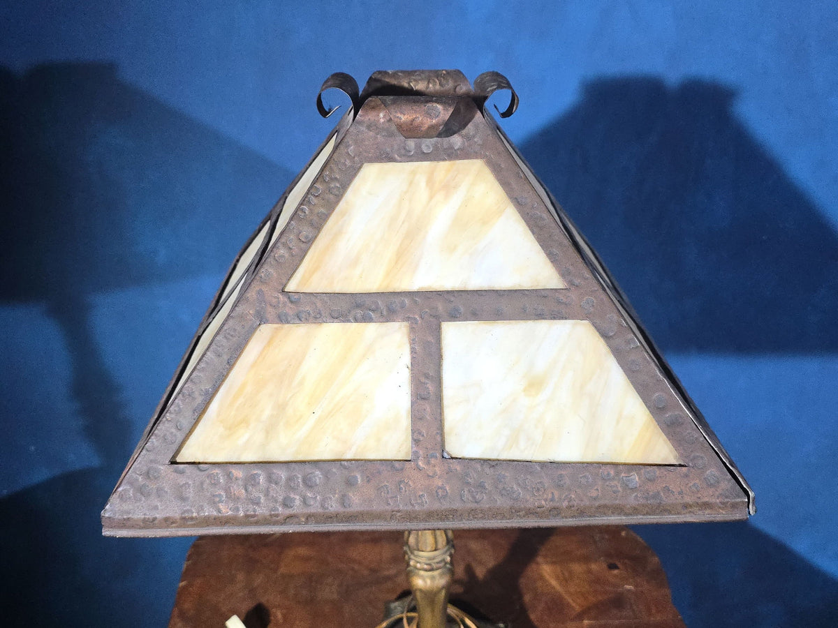 Antique Arts and Crafts Slag Glass Table Lamp with Pyramidal Shade and Cast Metal Base