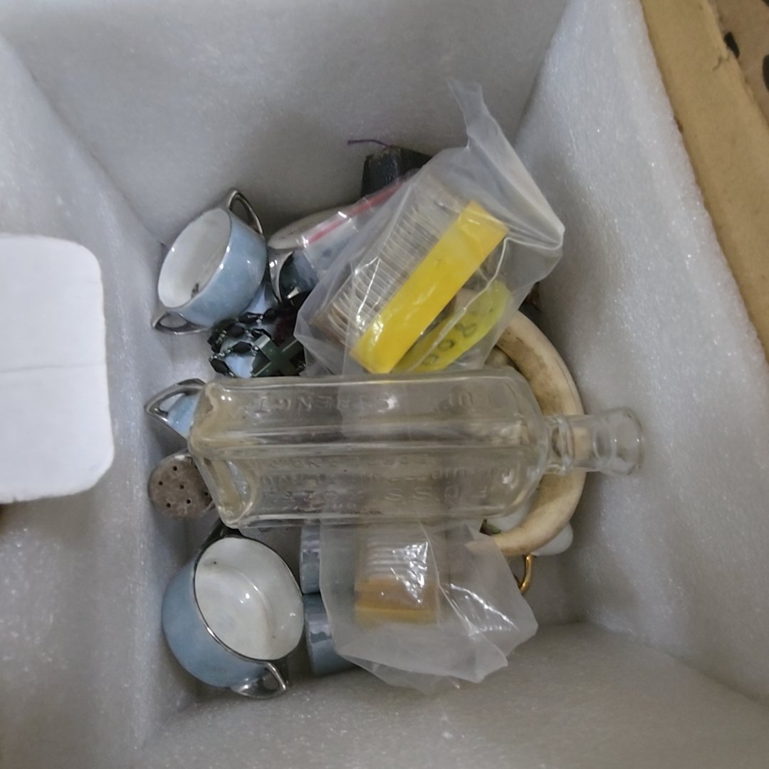 box lot with jewelry tea set and more
