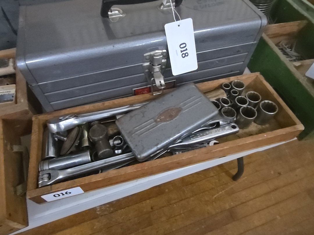 wooden tray Workshop boxlot grouping with sockets, socket wrenches, hammer, and more