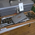 Lot 016 - Wooden Tray Workshop Boxlot Grouping with Sockets, Socket Wrenches, Hammer, and More