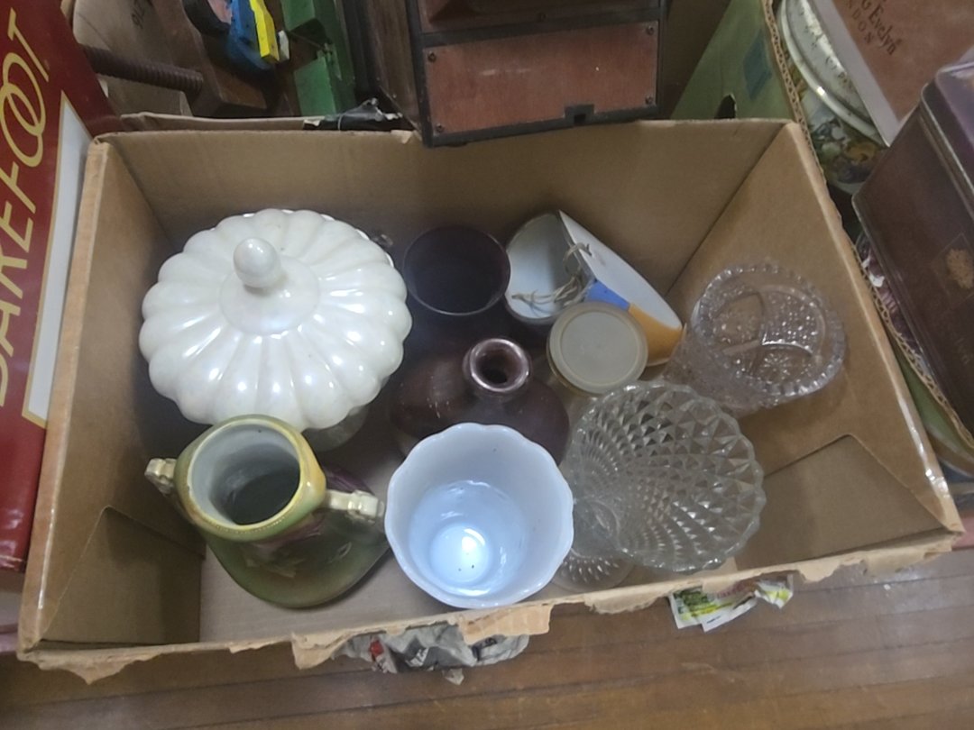 box lot with pottery and glassware