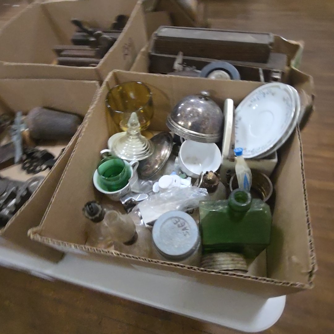 box lot of glassware and more including old cabin whiskey