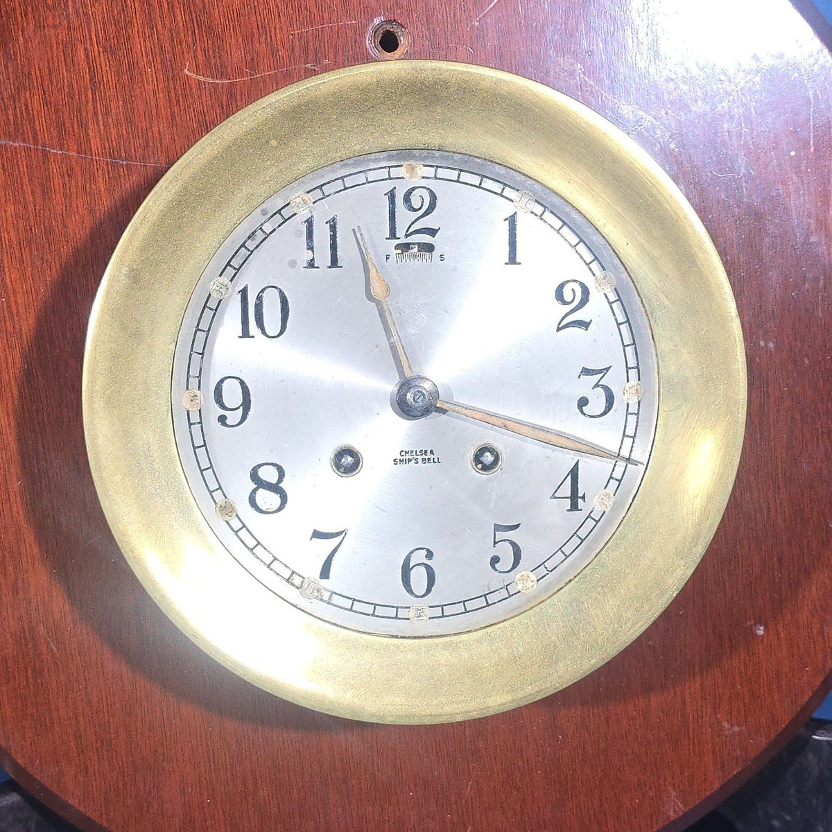 Vintage Chelsea Ship's Bell Clock on Wooden Shield Mount, Serial Number 313872