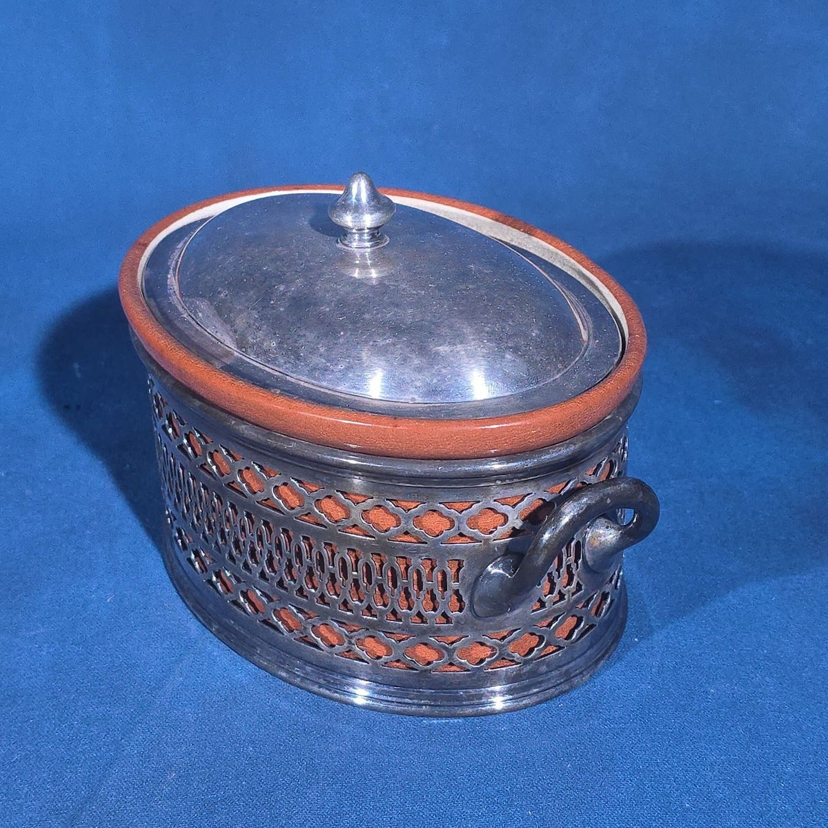 Antique Weller Pottery Covered Dish in Reticulated Silver-Plated Stand with Lid