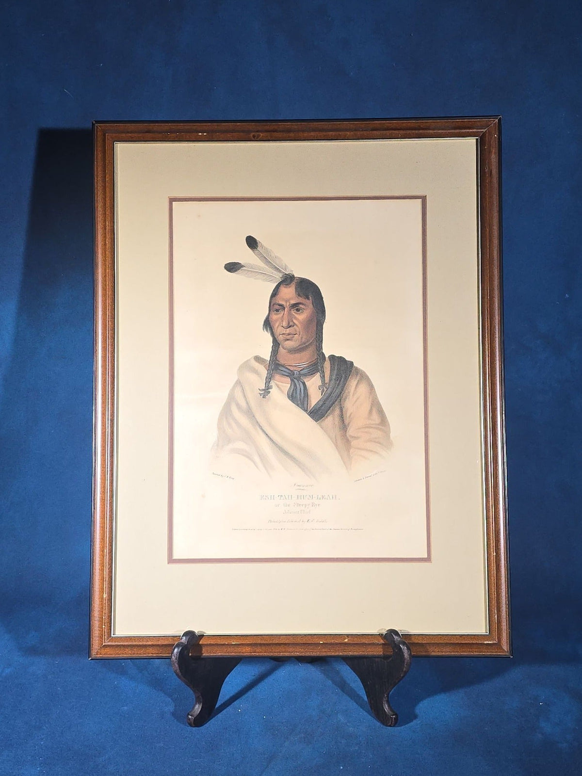 Antique Hand-Colored Lithograph Print, "Esh-Tah-Hum-Leah, or the Sleepy Eye, A Sioux Chief," Painted by C.B. King, Lehman & Duval Lithographers, Published by E.C. Biddle, Philadelphia, Pennsylvania, 1836
