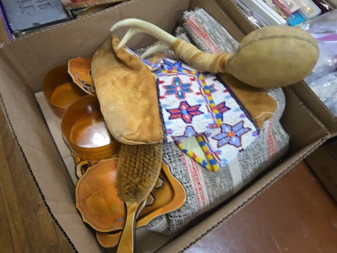 box lot with moccasins Maraca dresser sets and textile