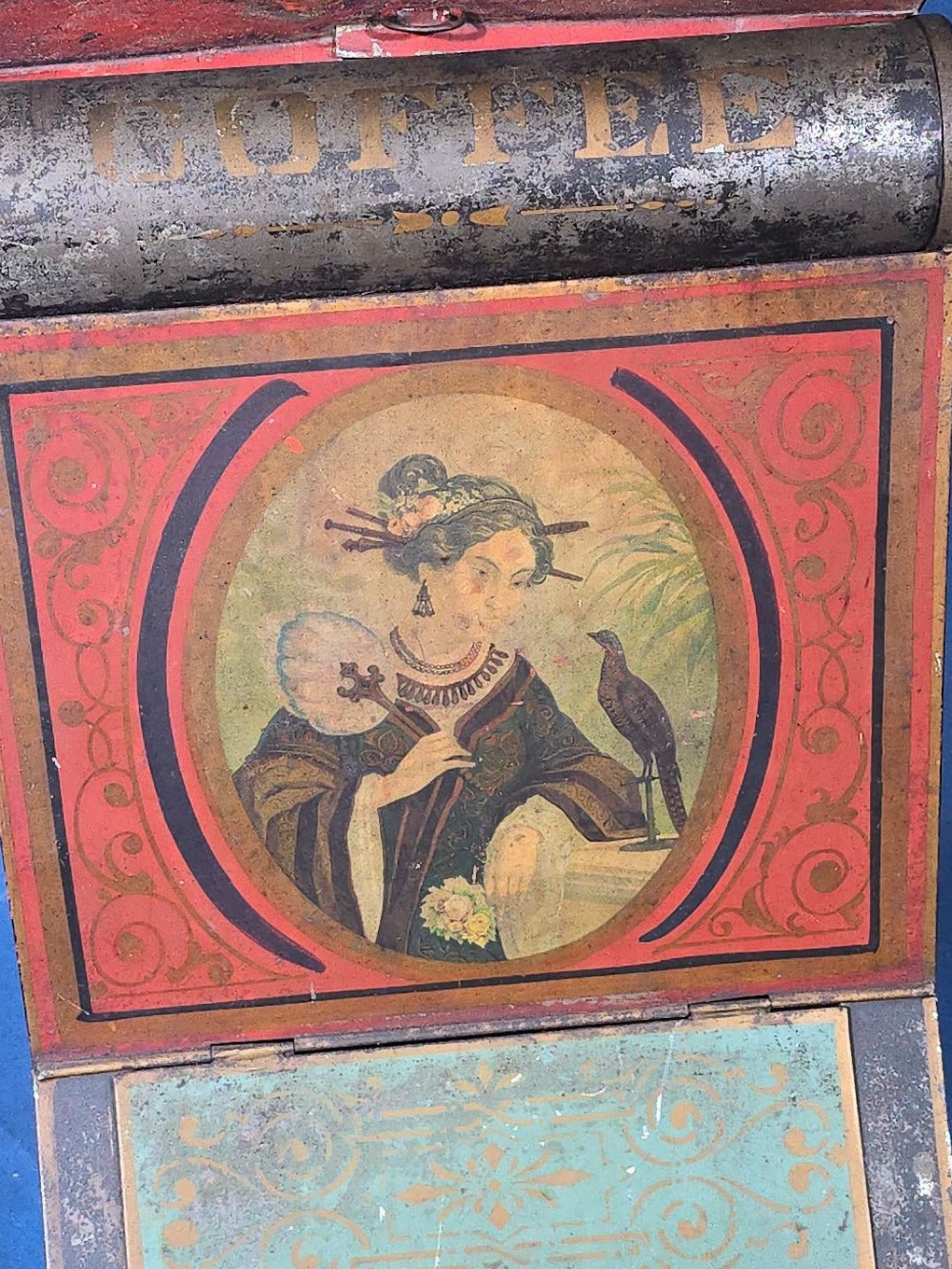 Antique Hand-Painted and Lithographed General Store Coffee Bin with Japanesque Portrait of a Woman with Bird