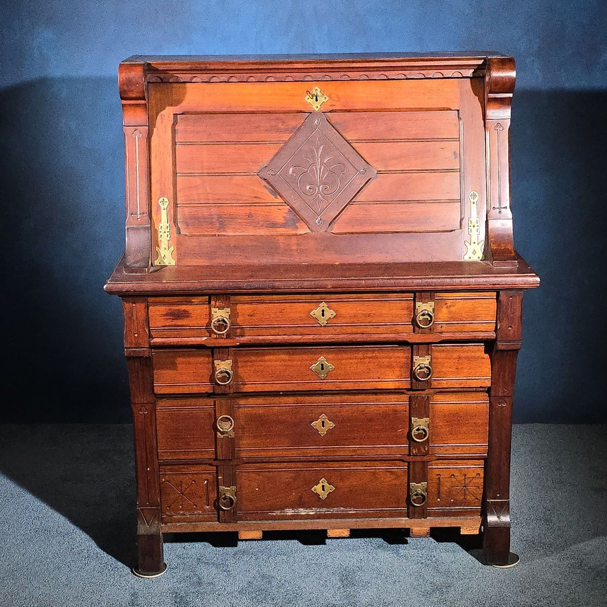 Antique Eastlake Drop-Front Desk with Brass Hardware