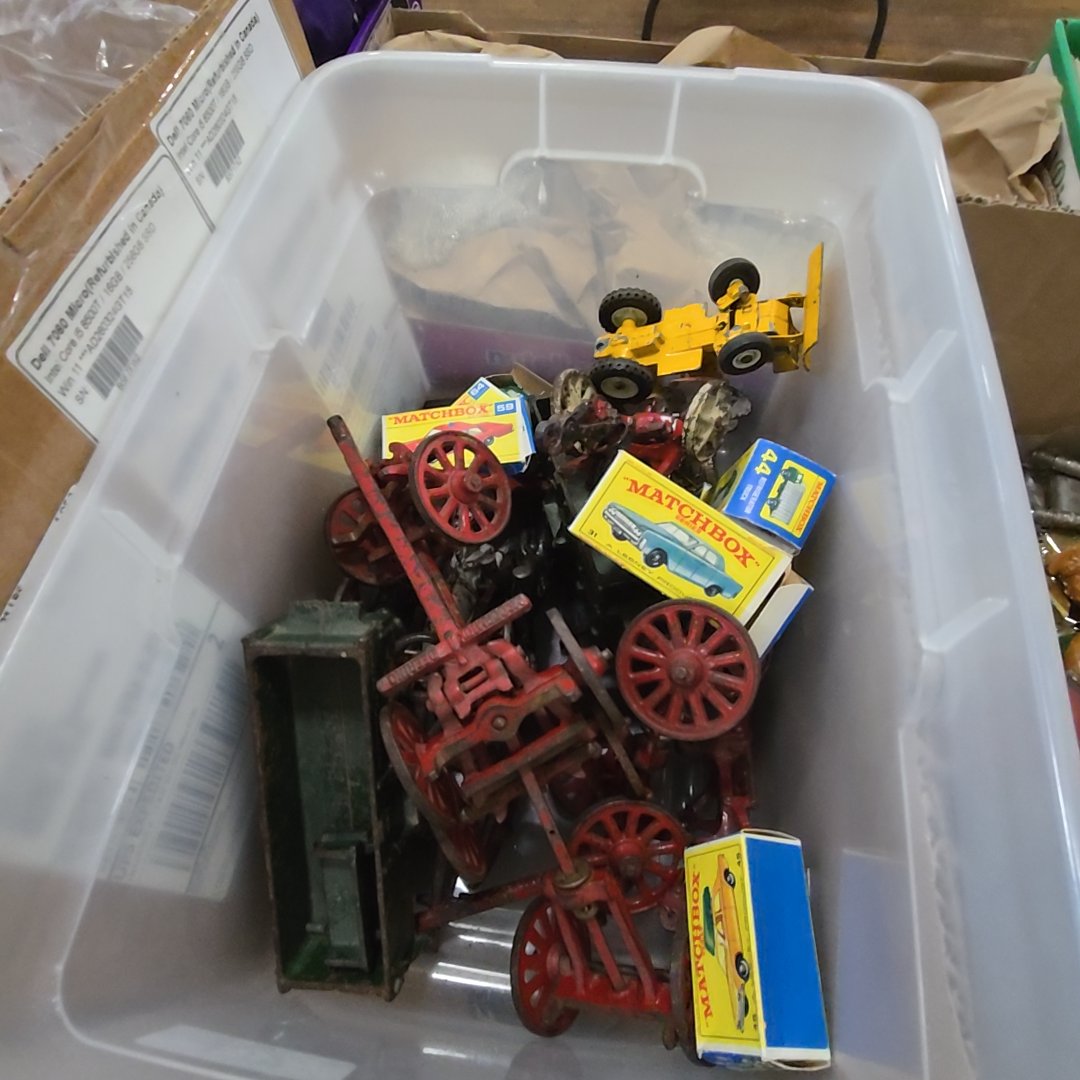 box lot of toys including cast iron and Matchbox
