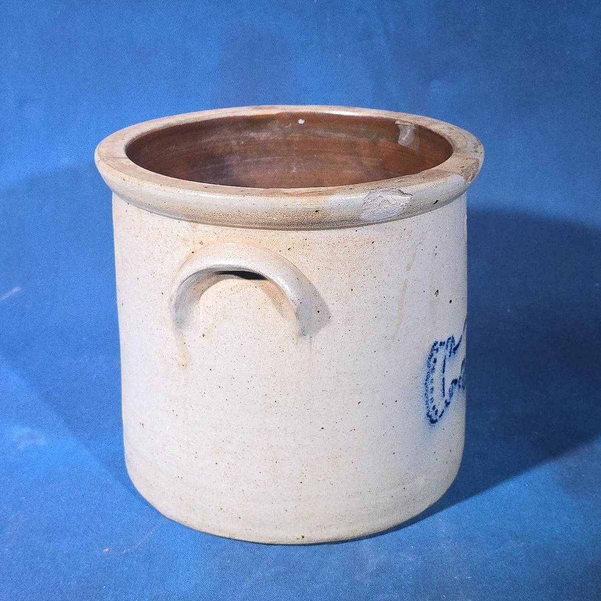 Antique Salt-Glazed Stoneware Crock with Blue Stenciled Clasped Hands Design, Attributed to Somerset Potters Works, Somerset, Massachusetts, Circa 1847-1891