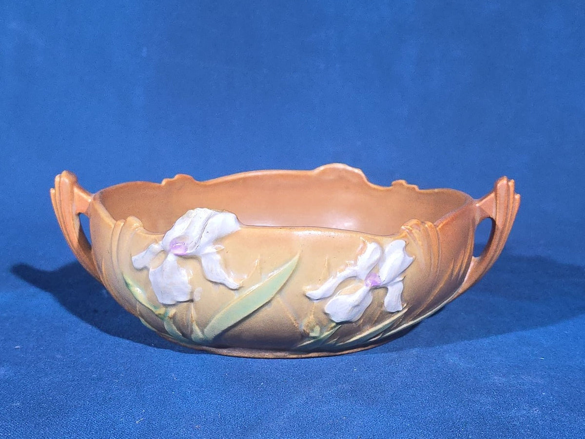 Pair of Vintage Roseville Pottery Pieces including Snowberry Pattern Pedestal Vase 1UR-8 in Pink and Iris Pattern Console Bowl 360-6 in Brown, Note Chips to Both Pieces