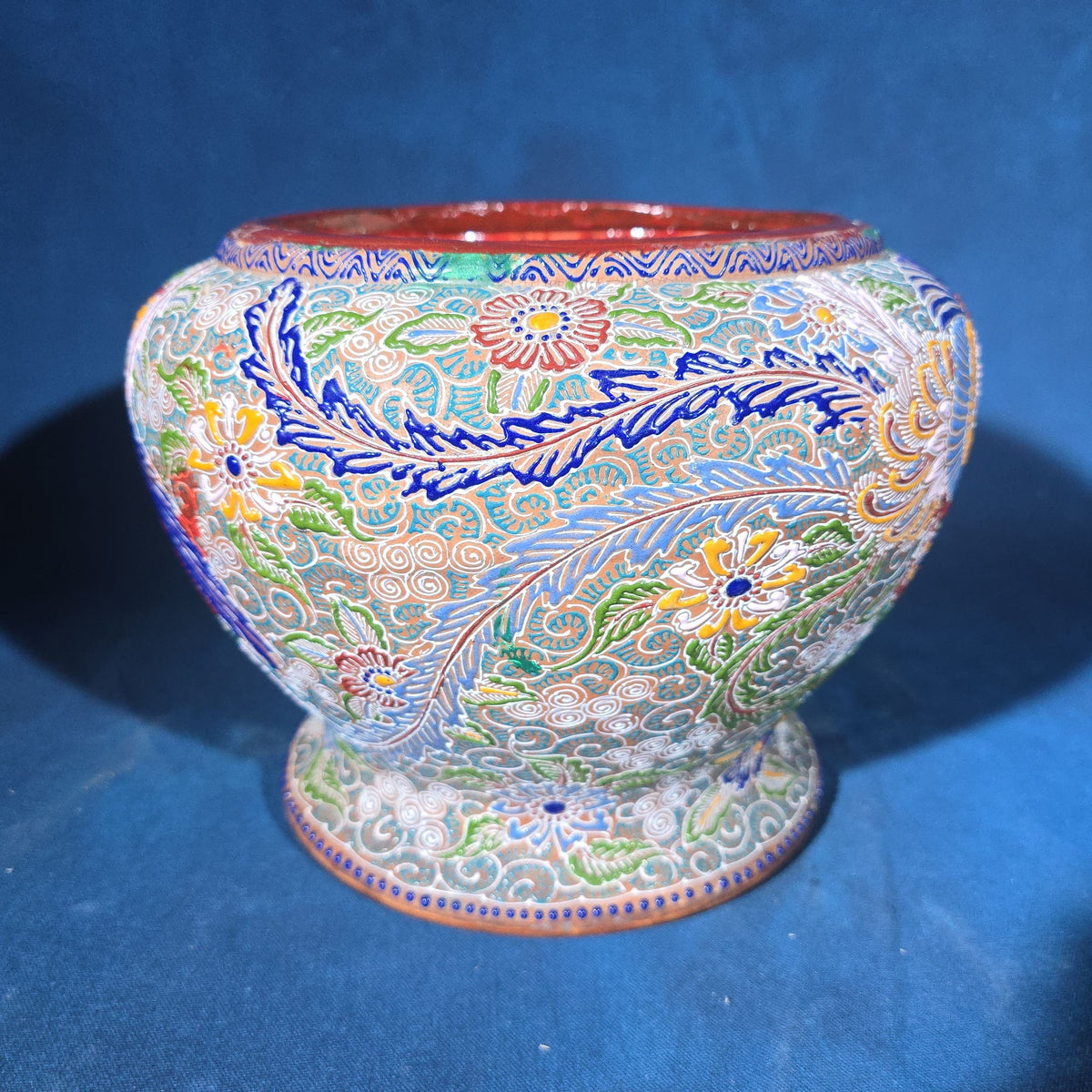 Antique Japanese Moriage Jardiniere with Phoenix and Floral Design, Signed