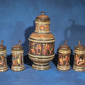Lot 125 - Grouping of Six Antique German Pottery Steins and Lidded Pitcher with Tavern Scenes, Stamped Germany