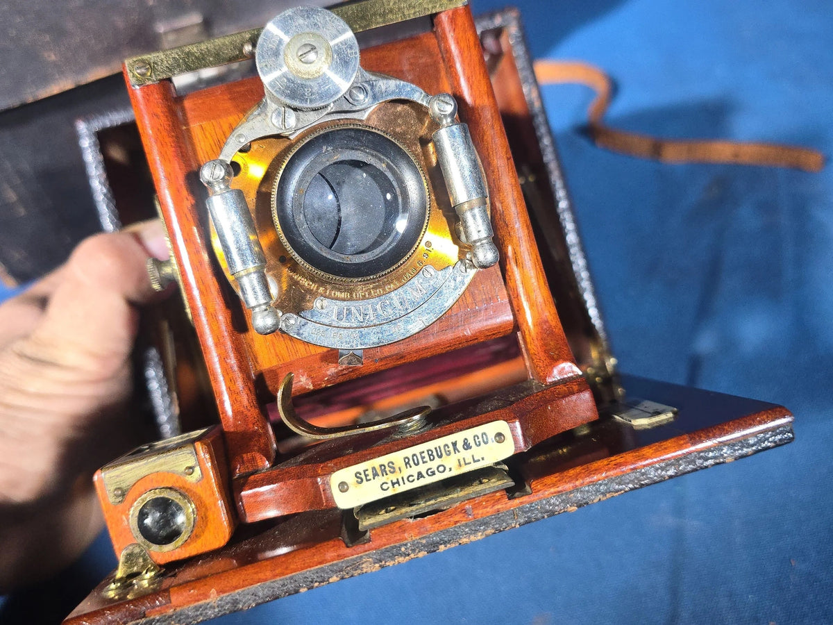 Antique Sears, Roebuck & Co. Mahogany Folding Plate Camera with Bausch & Lomb Unicum Shutter, Red Bellows, and Leather Carrying Case