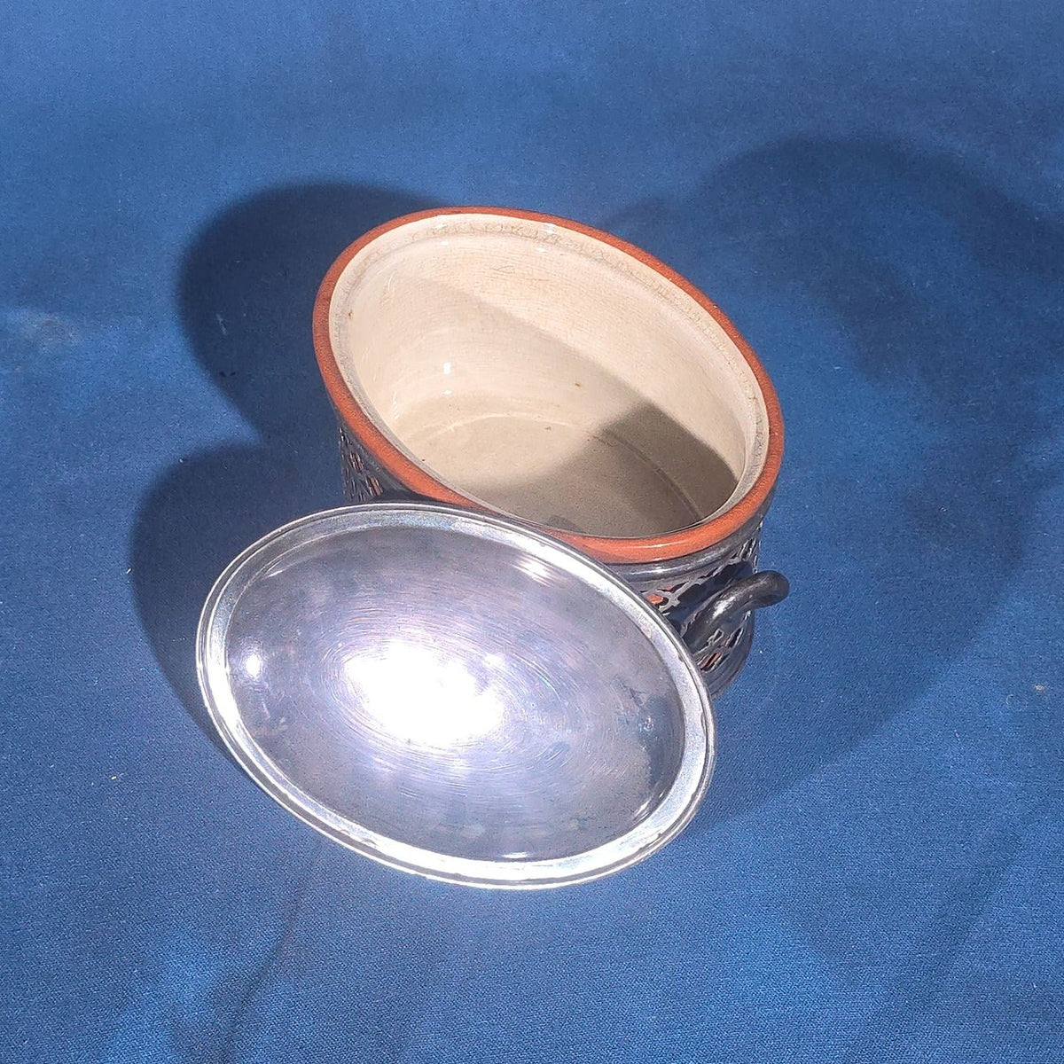 Antique Weller Pottery Covered Dish in Reticulated Silver-Plated Stand with Lid