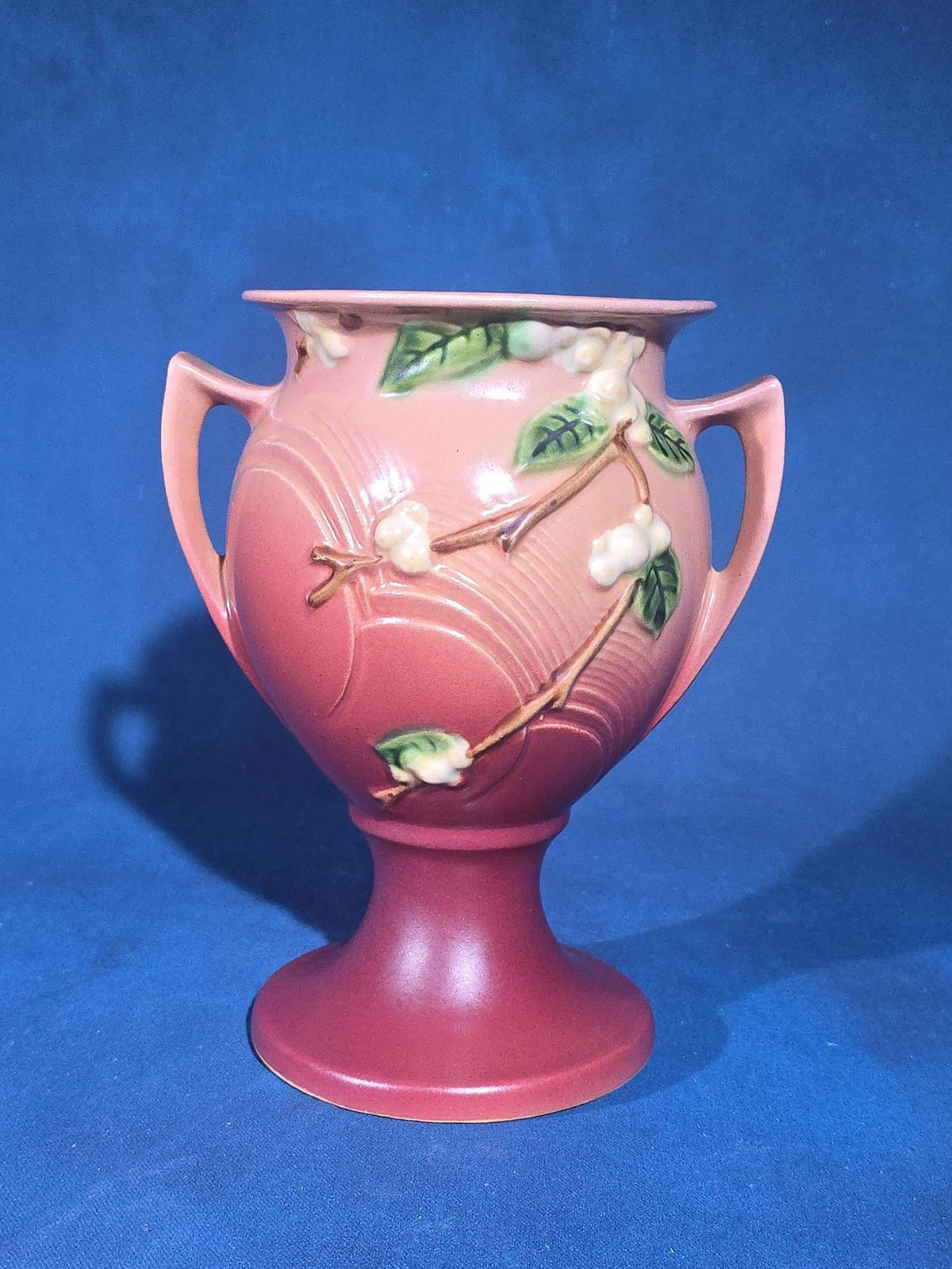 Pair of Vintage Roseville Pottery Pieces including Snowberry Pattern Pedestal Vase 1UR-8 in Pink and Iris Pattern Console Bowl 360-6 in Brown, Note Chips to Both Pieces