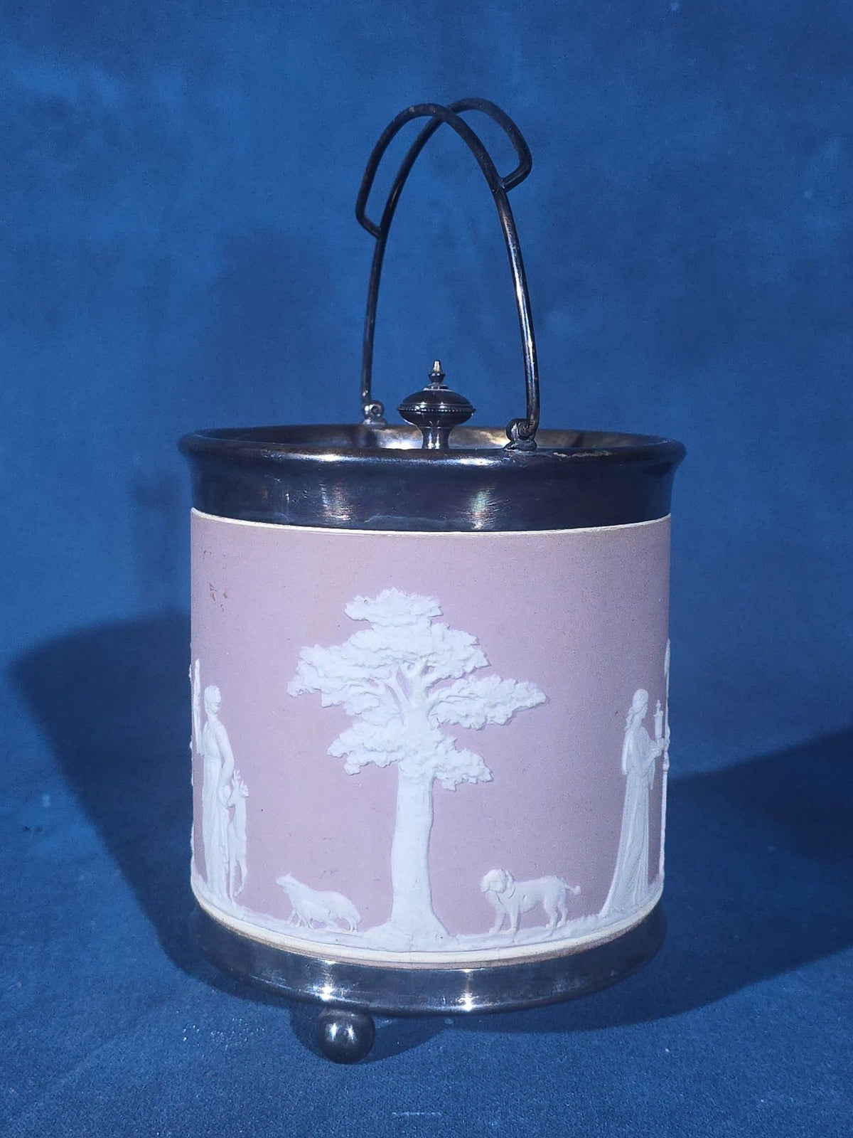Antique Wedgwood Lilac Jasperware Biscuit Barrel with Silver-Plated Lid, Handle, and Base