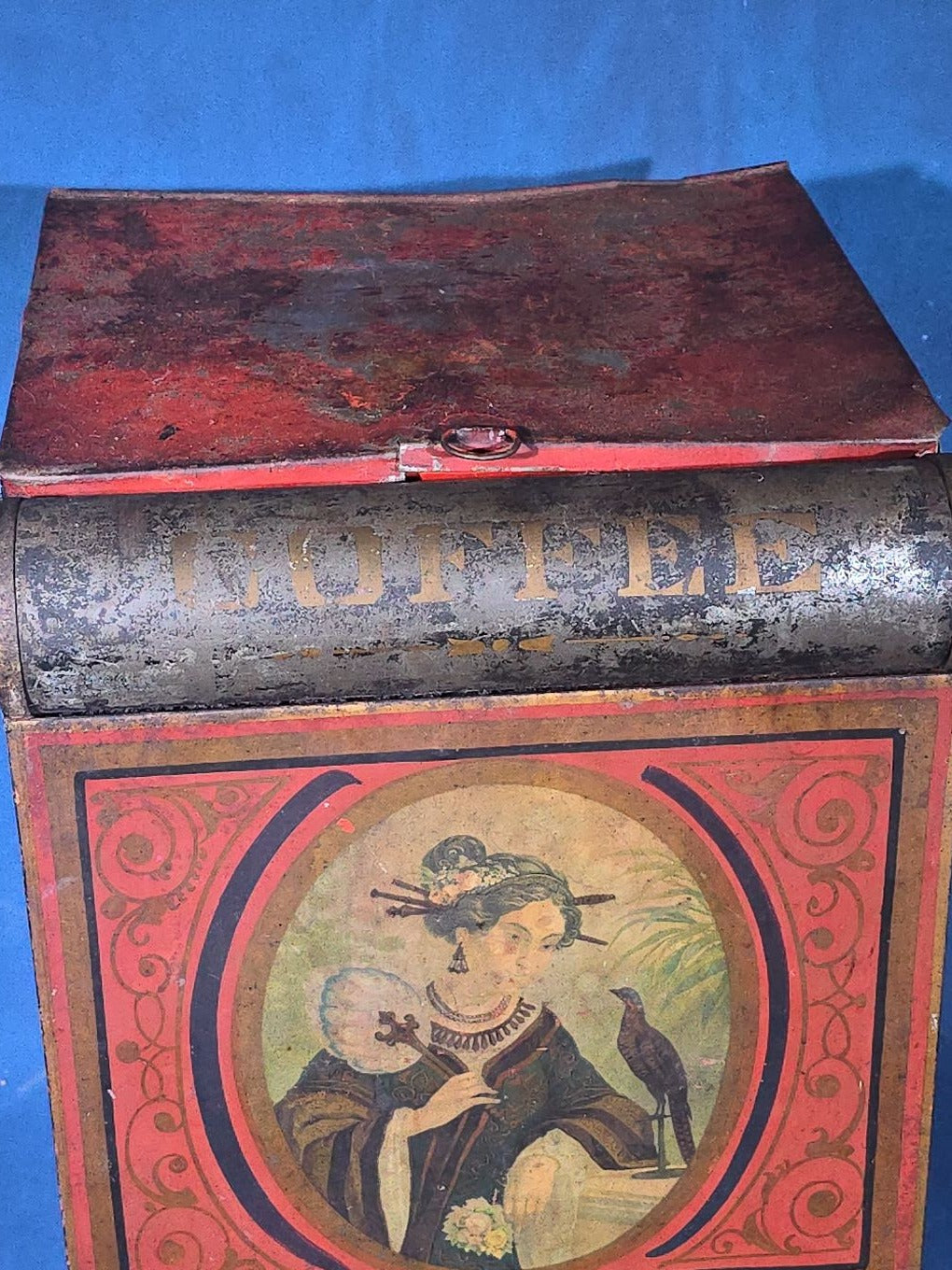 Antique Hand-Painted and Lithographed General Store Coffee Bin with Japanesque Portrait of a Woman with Bird
