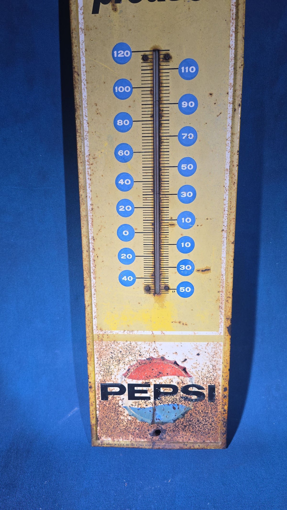 Vintage "Say Pepsi, Please" Tin Lithograph Advertising Thermometer, Manufactured by Scioto Sign, Kenton, Ohio, 1964
