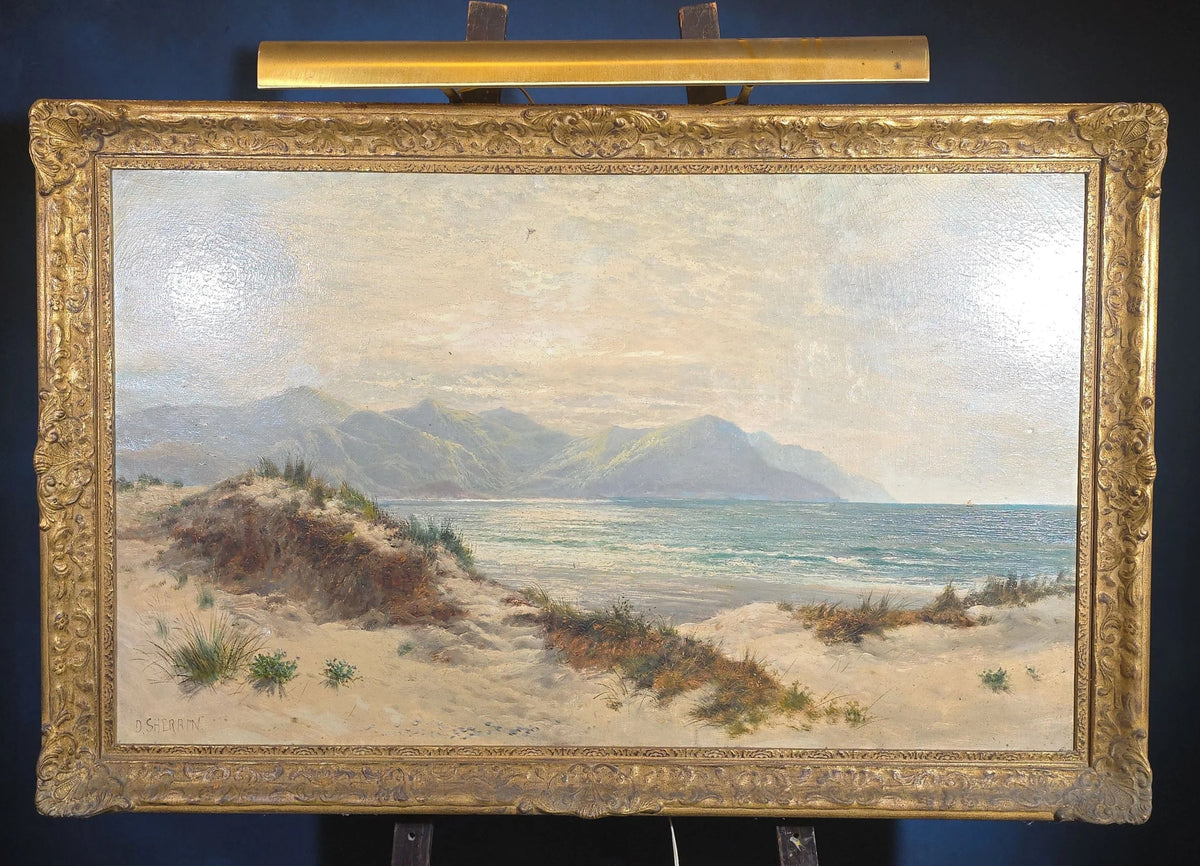 Antique Oil Painting on Canvas, "Coast of Wales" Coastal Landscape by Daniel Sherrin (British, 1868-1940), Signed