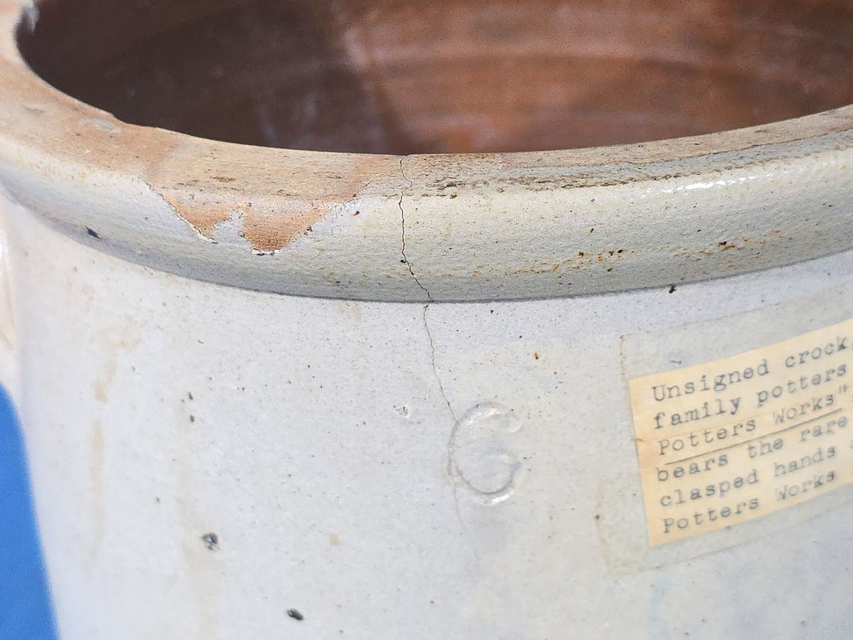 Antique Salt-Glazed Stoneware Crock with Blue Stenciled Clasped Hands Design, Attributed to Somerset Potters Works, Somerset, Massachusetts, Circa 1847-1891