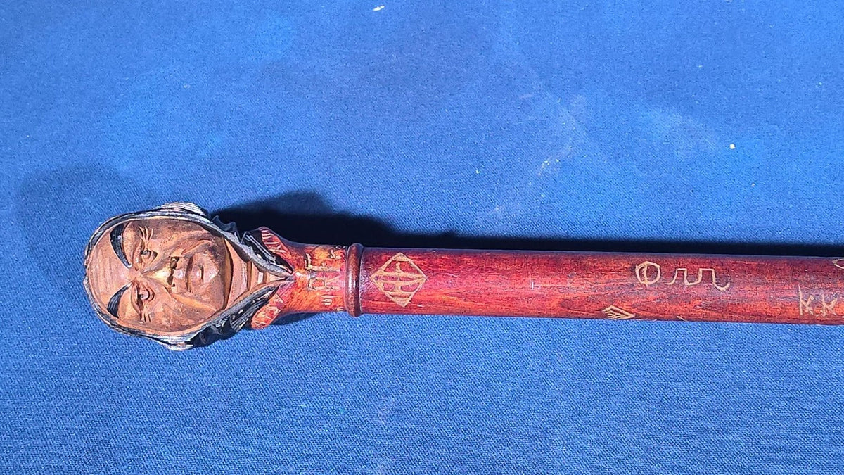 Antique Hand-Carved Fraternal Walking Stick with Carved Figural Native American Bust Handle, Named to R. Frothingham