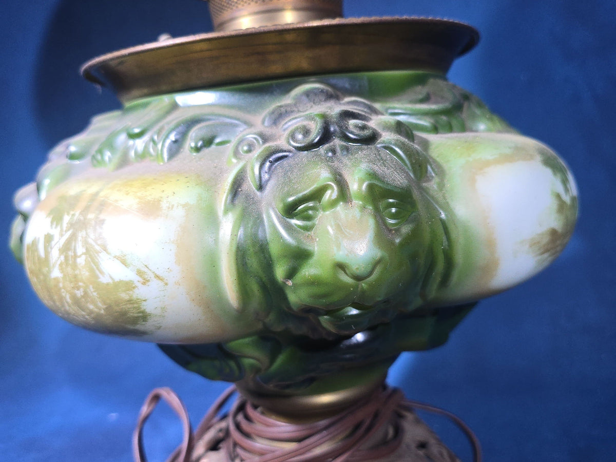 Antique Converted Kerosene Parlor Lamp with Lion Head Font and Tropical Scenes, Frosted Globe and Chimney, Font Marked Miller