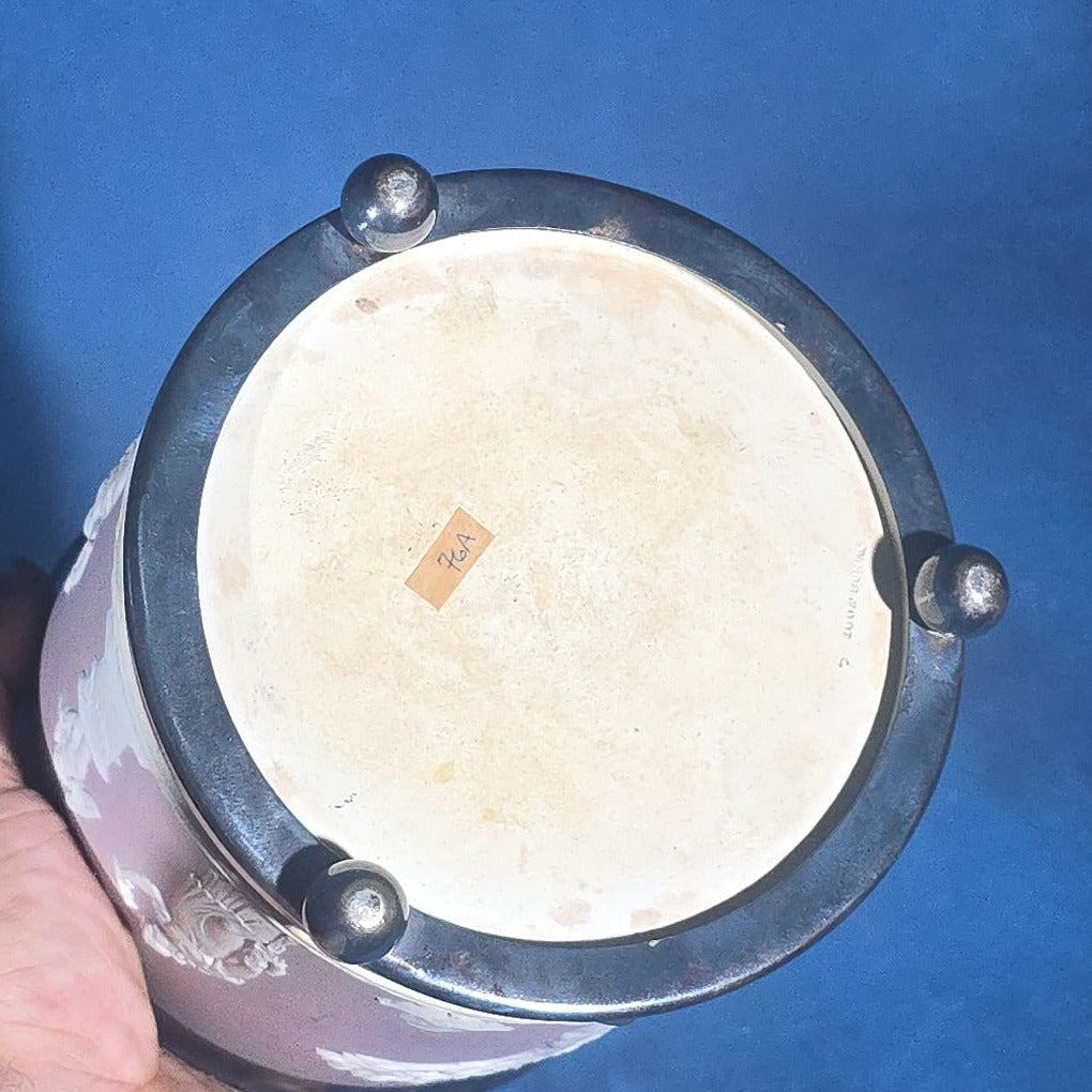 Antique Wedgwood Lilac Jasperware Biscuit Barrel with Silver-Plated Lid, Handle, and Base