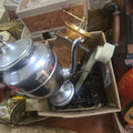 Lot 009 - Box Lot with Hardware Tin Teapot and Coffee Grinder